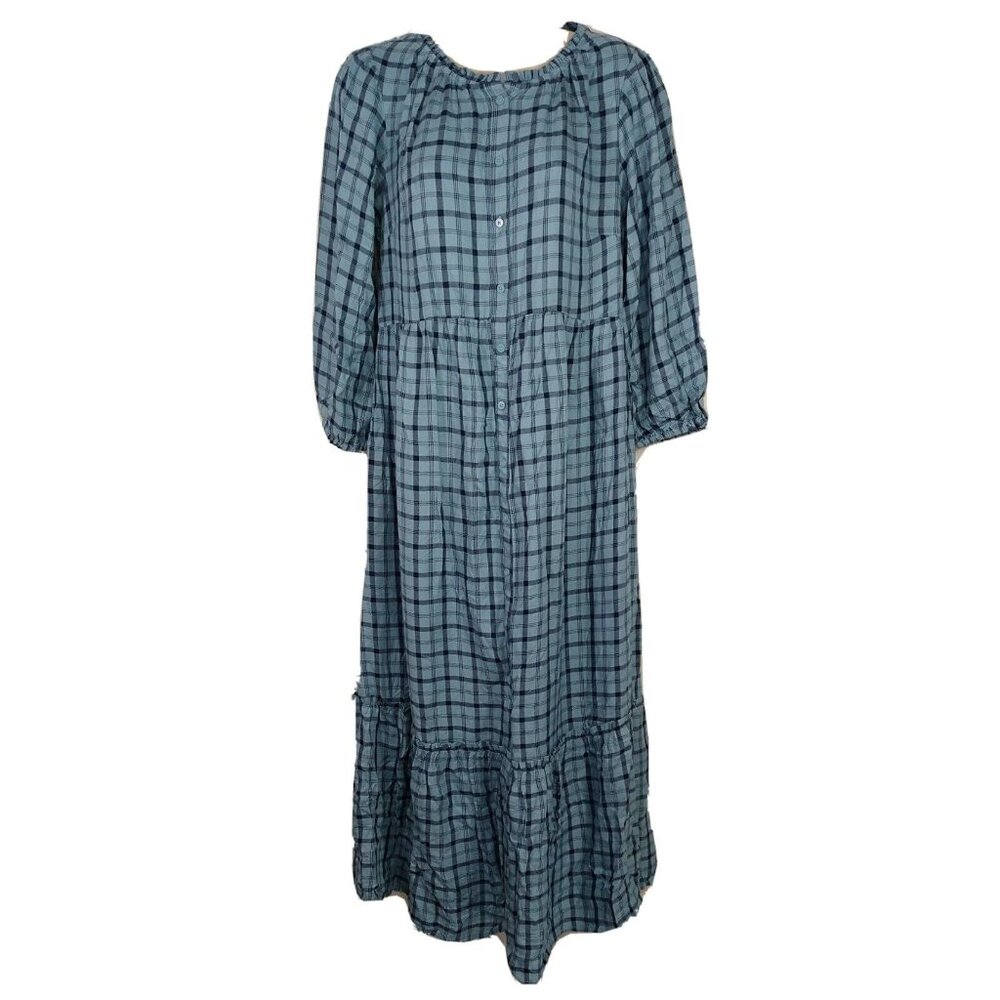 Ingrid Isabel Maternity Button Up Shirt Dress Women Size S Blue Plaid 3/4 Sleeve